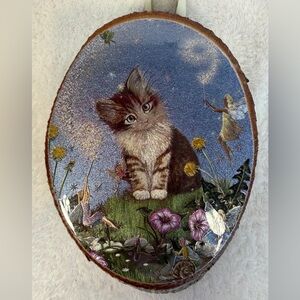 Vtg Wood Canvas Art Print Wall Decor Tabby Kitten Fairies Butterflies & Flowers
